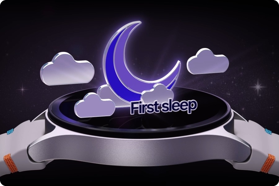 A Galaxy Watch7 is facing upward with animated clouds hovering over the screen and a crescent moon appearing with a text 'First sleep', illustrating the importance of sleep tracking.