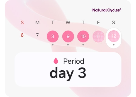 Calendrier de suivi du cycle indiquant les dates de la période avec un texte « Jour 3 » et un logo Natural Cycles en haut à droite.