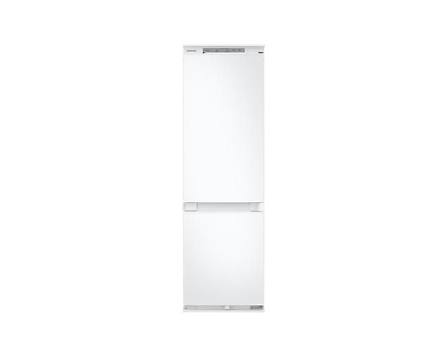 A Samsung white built in twin cooling fridge freezer BRB26705DWW on a white background.