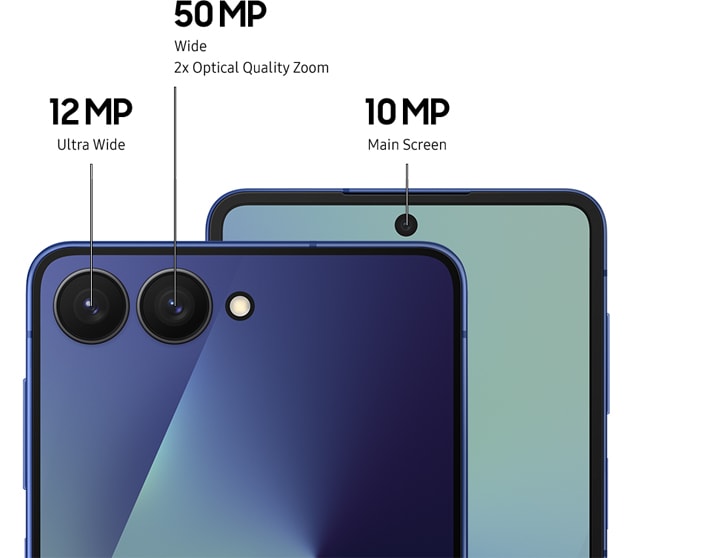 Primer plano de las especificaciones de la cámara del Galaxy Z Flip7. Cámara trasera: Ultra gran angular de 12 MP, gran angular de 50 MP, zoom óptico de 2x. Cámara frontal: Pantalla principal de 10 MP.