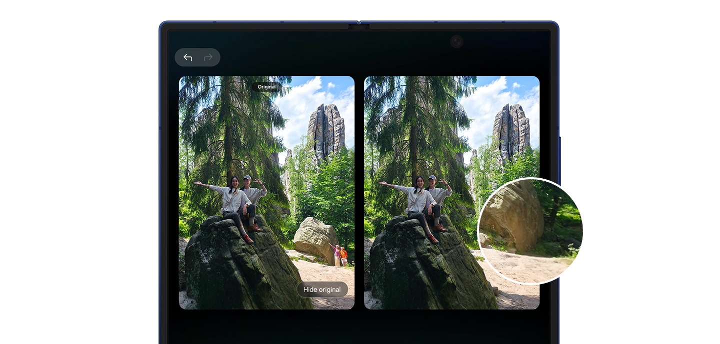 A photo of two people hiking is being edited with Photo Assist on the main screen of Galaxy Z Fold7. In the original photo there are people in the background, but in the edited photo they have been removed.