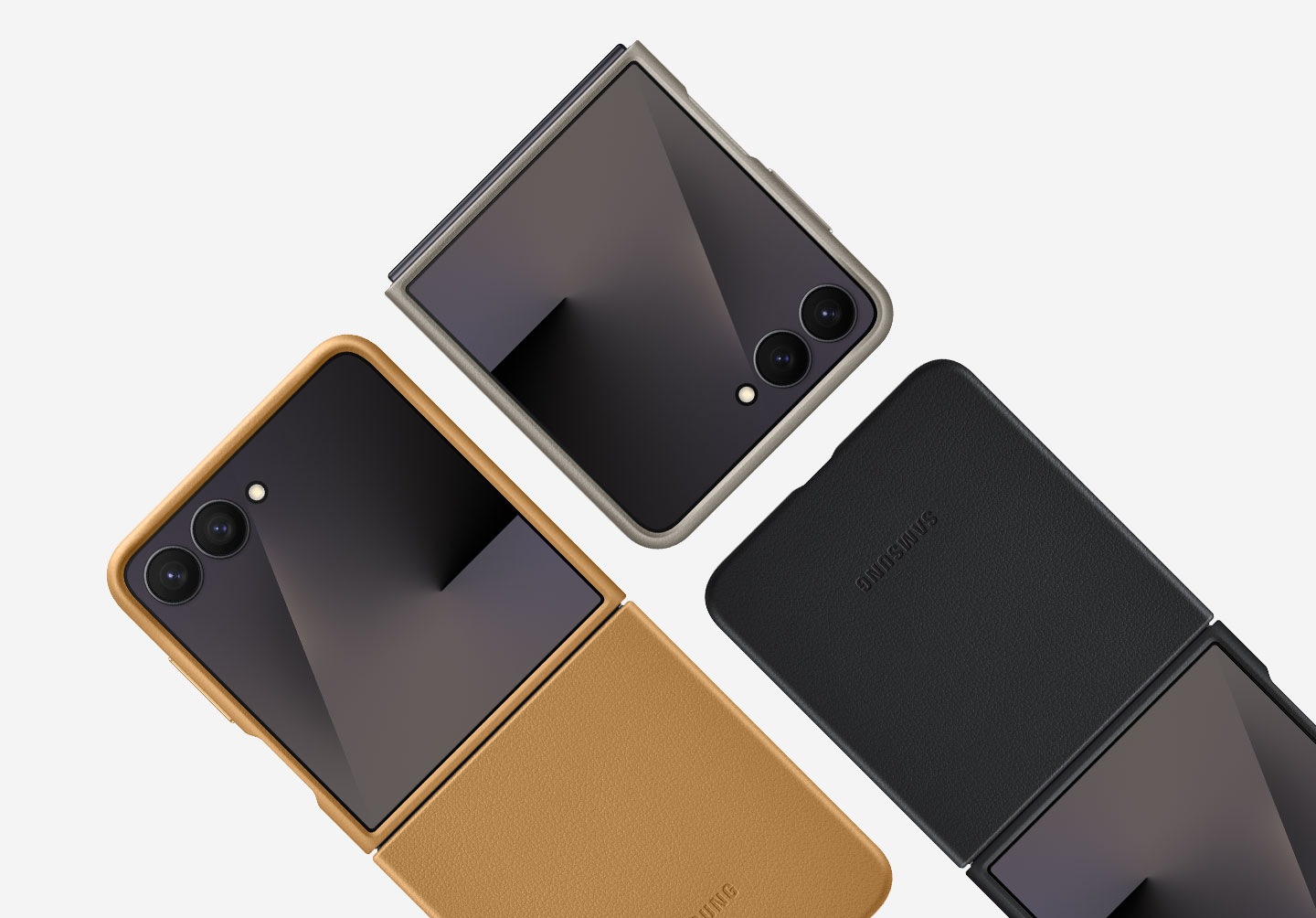Three Galaxy Z Flip7 devices are arranged next to each other. Two unfolded Galaxy Z Flip7 devices are in front view with the Galaxy Z Flip7 Kindsuit Case in Camel and Black installed. Another folded Galaxy Z Flip7 is in front view with the FlexWindow showing with the Kindsuit Case in Taupe.