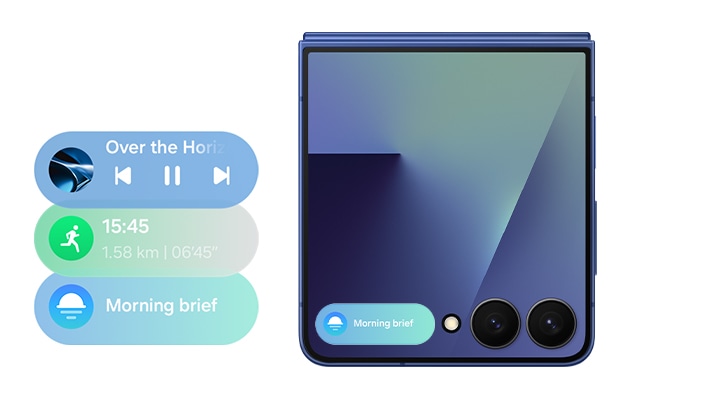 El Galaxy Z Flip7 plegado se ve desde la pantalla de la cubierta y el resumen matutino se puede ver en la Barra Now. También puedes acceder directamente a las aplicaciones activas desde la Barra Now, como música y tiempo de ejercicio actual.