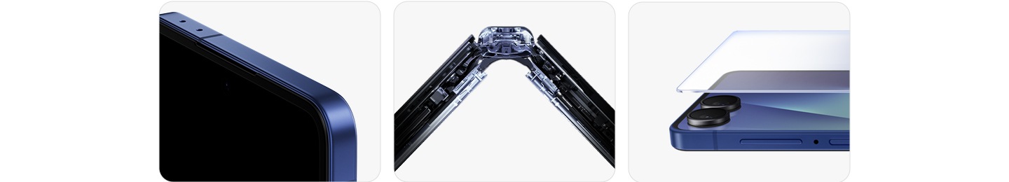 Primer plano de la esquina del Galaxy Z Flip7 con su resistente marco de aluminio. A continuación, primer plano de la FlexHinge del Galaxy Z Flip7 cuando el dispositivo está ligeramente plegado, como si se tratara de una radiografía, para mostrar el mecanismo de la bisagra. A continuación, primer plano del Galaxy Z Flip7 desplegado. Una lámina de vidrio se cierne sobre la pantalla de la cubierta.