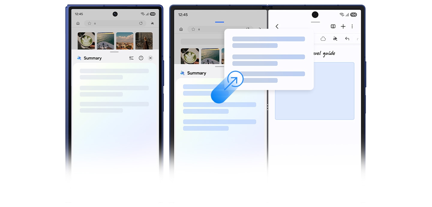 Galaxy AI genera un resumen de un sitio web en la pantalla de portada del Galaxy Z Fold7. El resumen se arrastra y suelta en la app Notas de la pantalla principal del Galaxy Z Fold7.