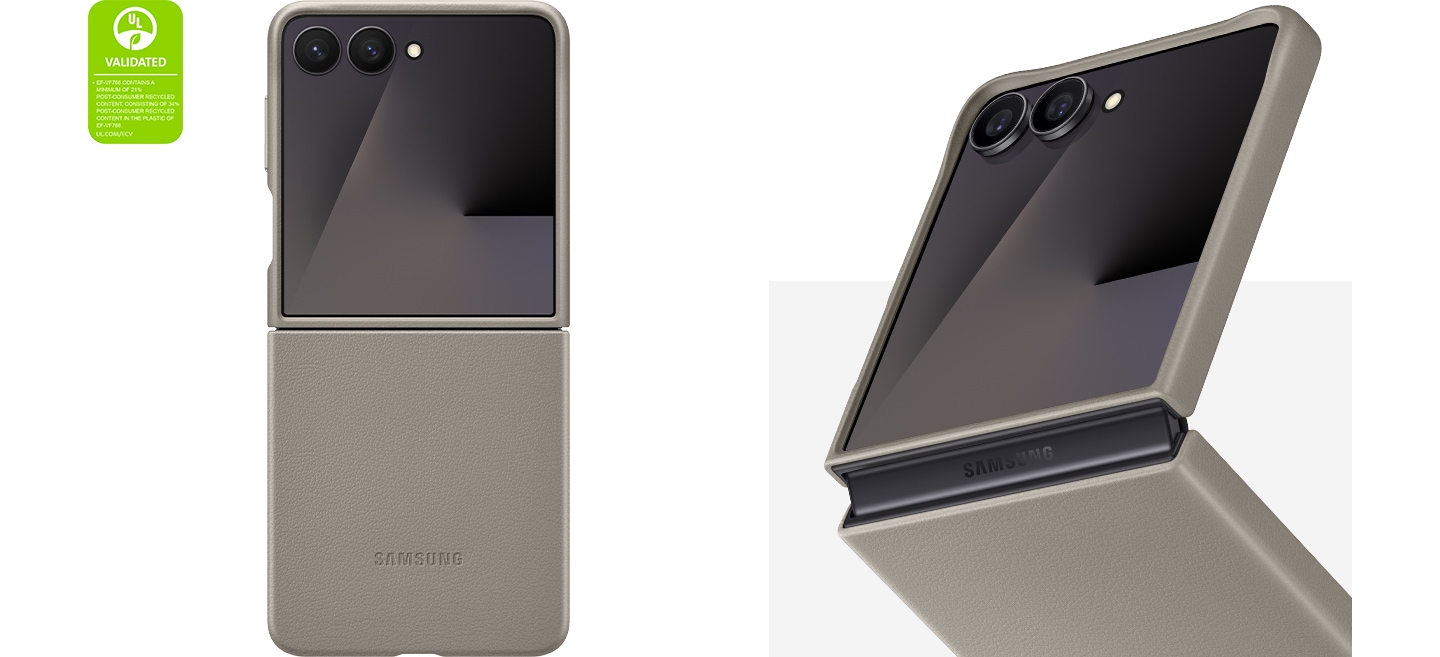 A Galaxy Z Flip7 is unfolded in front view with the Galaxy Z Flip7 Kindsuit Case in Taupe. A close-up of a Galaxy Z Flip7 slightly unfolded with the same Kindsuit Case is shown at an angle. It's zoomed into the rear camera and hinge. The text reads UL VALIDATED EF-VF766 CONTAINS A MINIMUM OF 21% POST-CONSUMER RECYCLED CONTENT, CONSISTING OF 34% POST-CONSUMER RECYCLED CONTENT IN THE PLASTIC OF EF-VF766. UL.COM/ECV