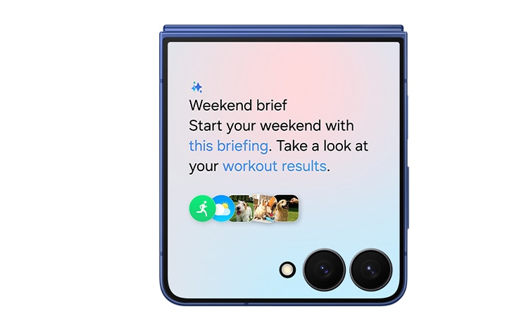 El Galaxy Z Flip7 se ve plegado desde la pantalla de la cubierta. Now Brief está activo y el resumen de fin de semana invita al usuario a ver los resultados del entrenamiento. Now Brief con Galaxy AI: Informes personalizados para tu día.