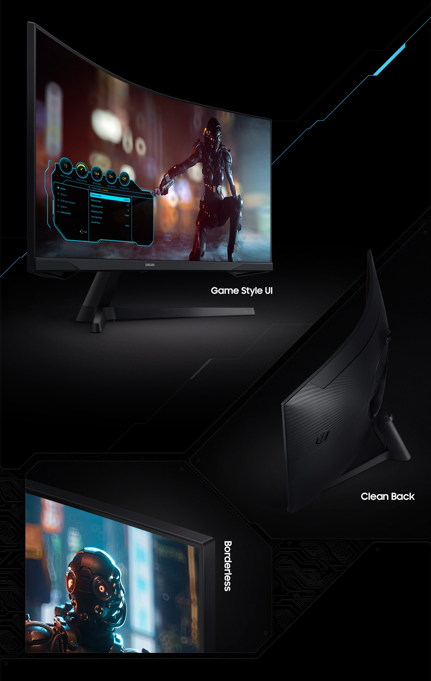 המסך נמצא ב-3 סוגי זוויות וכל אחת מציגה את ממשק המשתמש בסגנון המשחק, הגב הנקי והעיצוב חסר הגבולות.