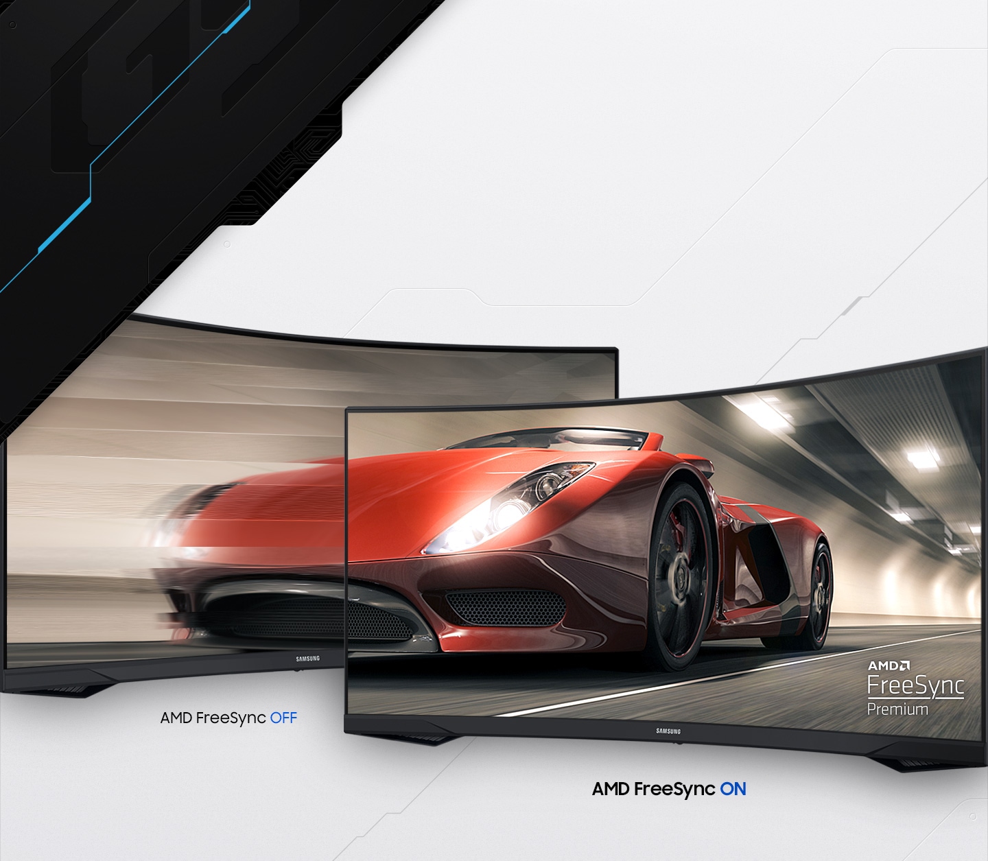 The benefit of AMD FreeSync Premium is explained with the tearing picture on the screen when the feature is off.