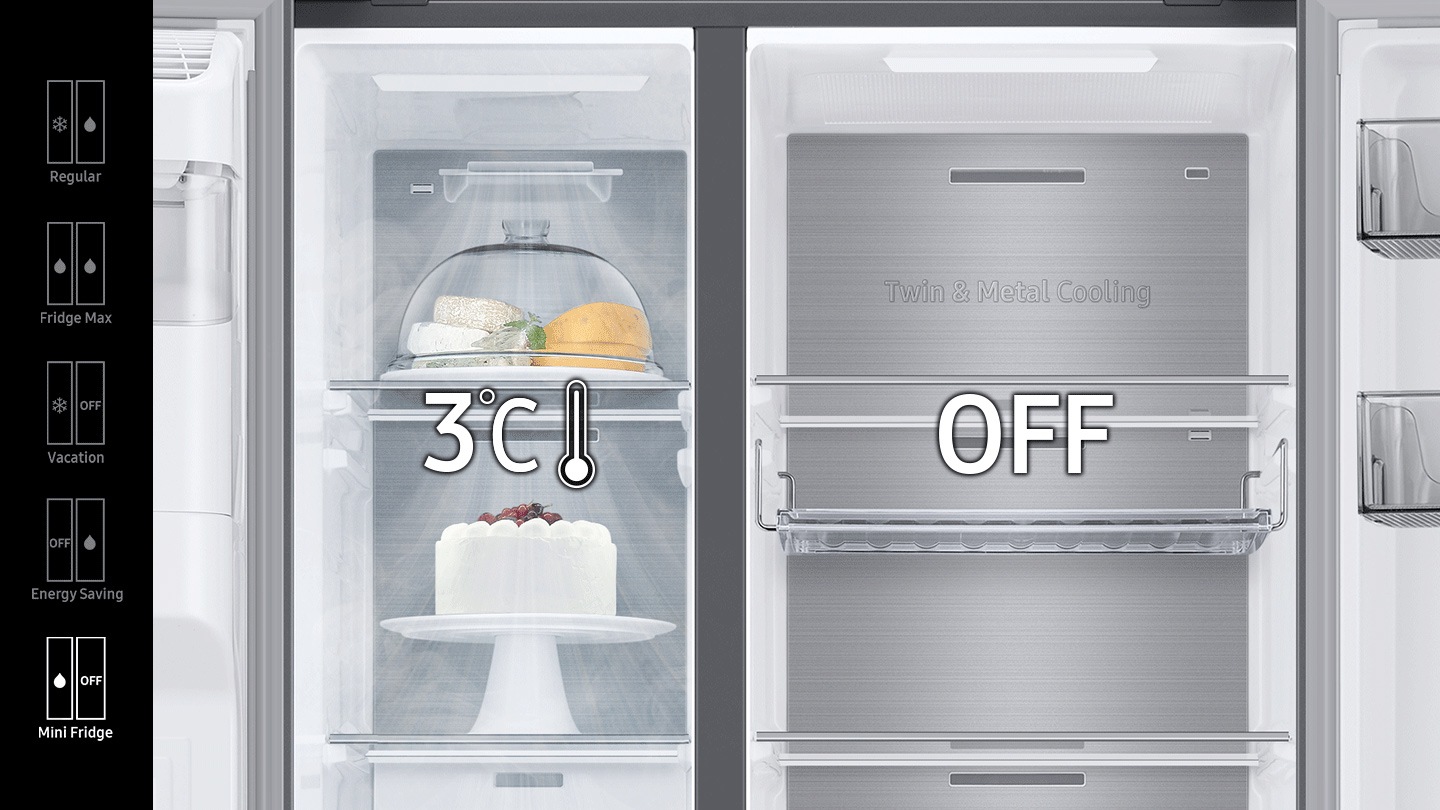 Regular(-19℃ in freezer, 3℃ in fridge), Fridge Max(both 3℃ in freezer and fridge), Vacation(-19℃ in freezer, fridge off), Energy Saving(freezer off, 3℃ in fridge), and Mini Fridge(3℃ in freezer, off fridge) modes are available with the buttons inside the RS8000NC.