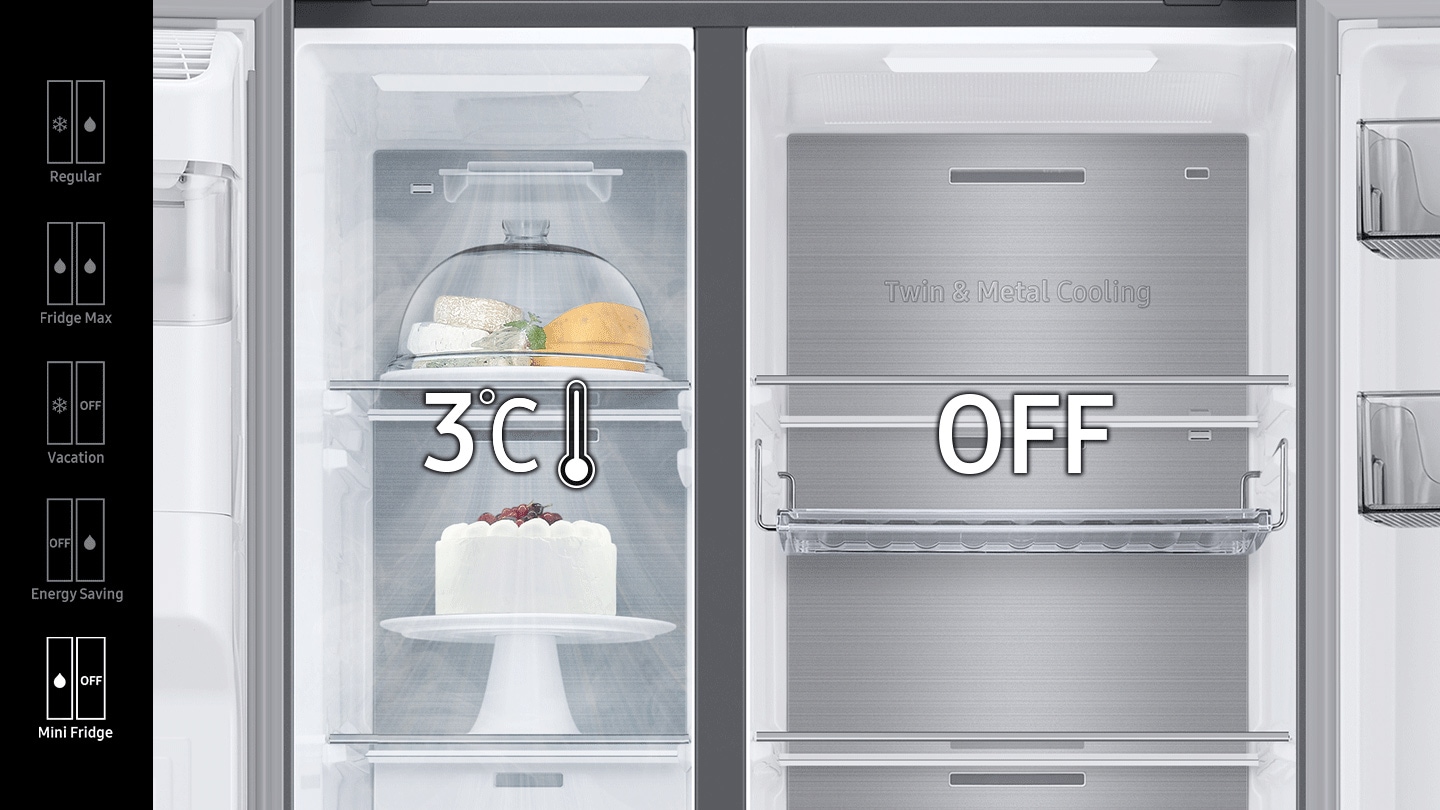 Regular(-19℃ in freezer, 3℃ in fridge), Fridge Max(both 3℃ in freezer and fridge), Vacation(-19℃ in freezer, fridge off), Energy Saving(freezer off, 3℃ in fridge), and Mini Fridge(3℃ in freezer, off fridge) modes are available with the buttons inside the RS8000NC. Samsung RS68A8530S9/EU Series 7 American Style Fridge Freezer Silver