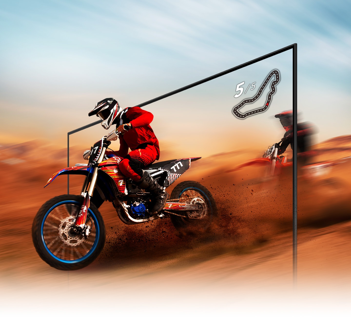 A dirt bike racer looks clear and visible inside the QLED TV screen because of QLED TV motion xcelerator technology.