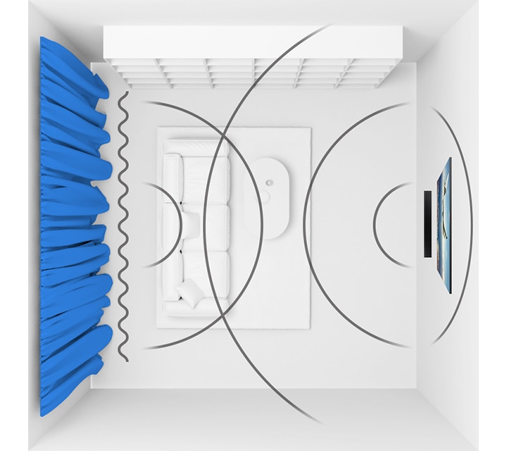 Illustration of SpaceFit Sound feature shows wall-mounted Samsung Q Soundbar projecting soundwaves across a living room, analyzing various key living room environment like window curtains and auto-optimizes the soundbar’s sound settings accordingly.
