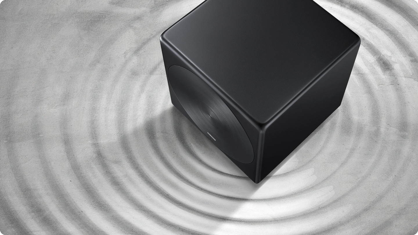 Vibration rings expand from a Samsung subwoofer on beat with the music to show the soundbar's powerful bass.