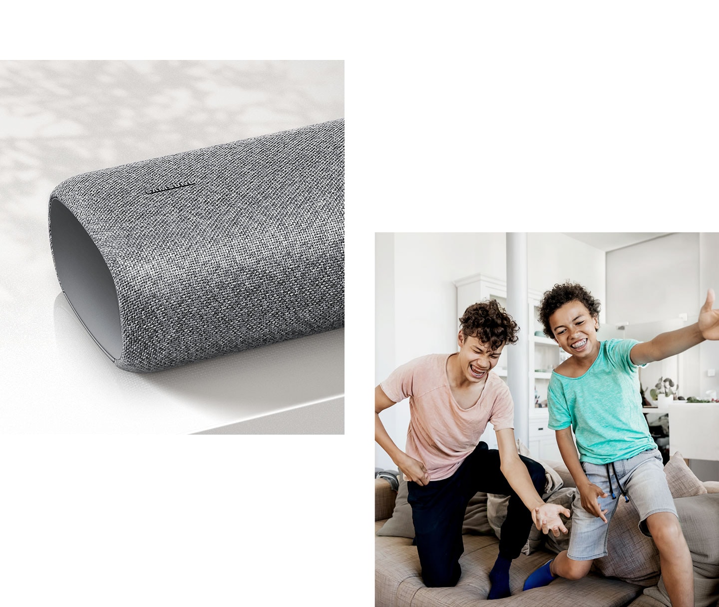 A combination of product and lifestyle images demonstrates how the S50A soundbar’s All-in-one design aesthetics blend into any room environment.
