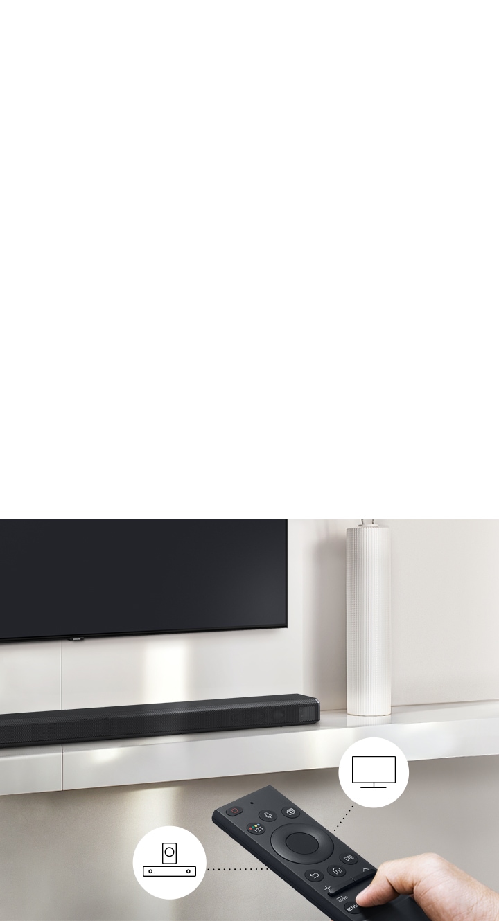 A user controls both soundbar and TV functions with Samsung TV remote.