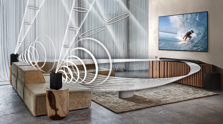 Soundwave graphics are playing from Samsung Wireless Rear Speaker Kit and Soundbar, demonstrating Wireless Surround Sound Compatibile feature of Samsung soundbar.