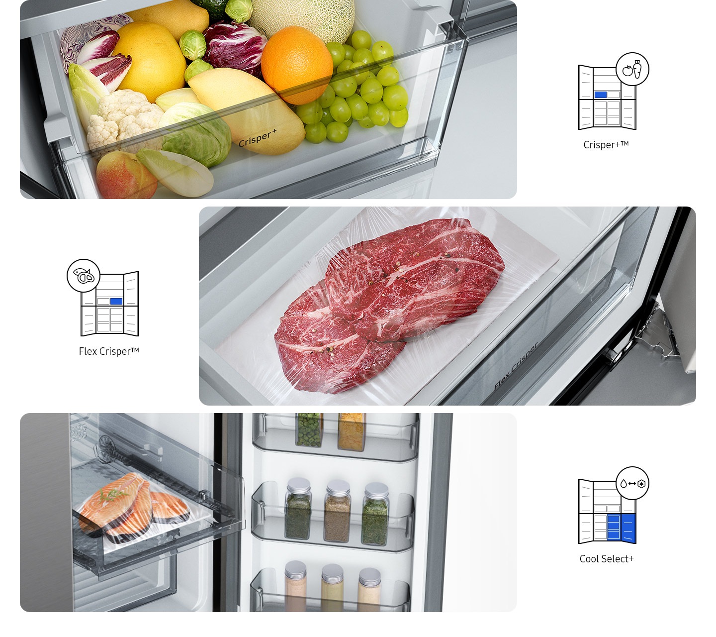 The Crisper+ drawer, in the upper left part of the fridge, is filled with different fruits, while Flex Crisper, in the upper right, is holding two seasoned steak. On the bottom right of the fridge is the Cool Select+, which has three pieces of salmon.