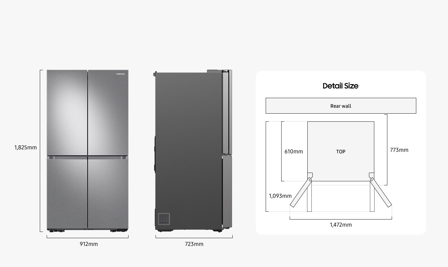 Size measurements: Height 1,825mm, width 912mm, depth 723mm, depth with doors open at a right angle 1,093mm, depth without doors 610mm, install depth 773mm, width with doors open 1,472mm.