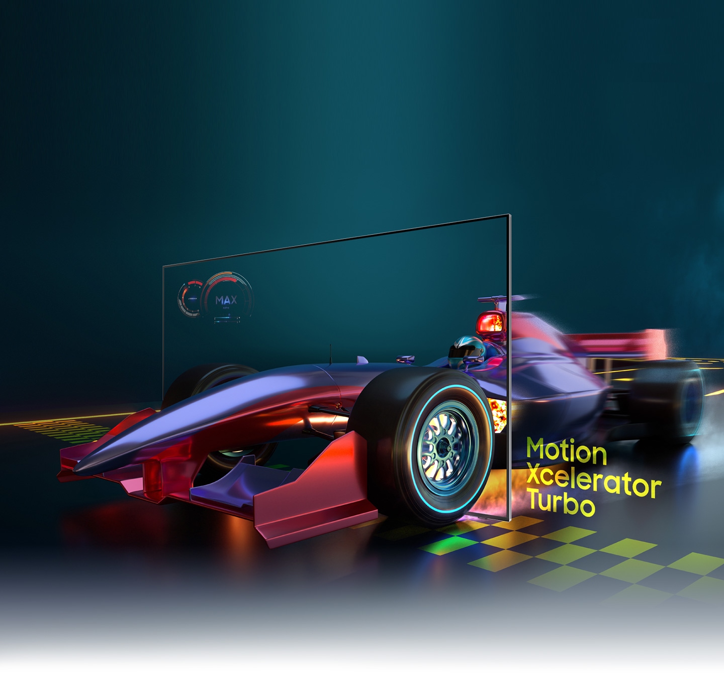 The image of a race car looks clear and visible inside the QN700A screen due to motion xcelerator turbo technology.