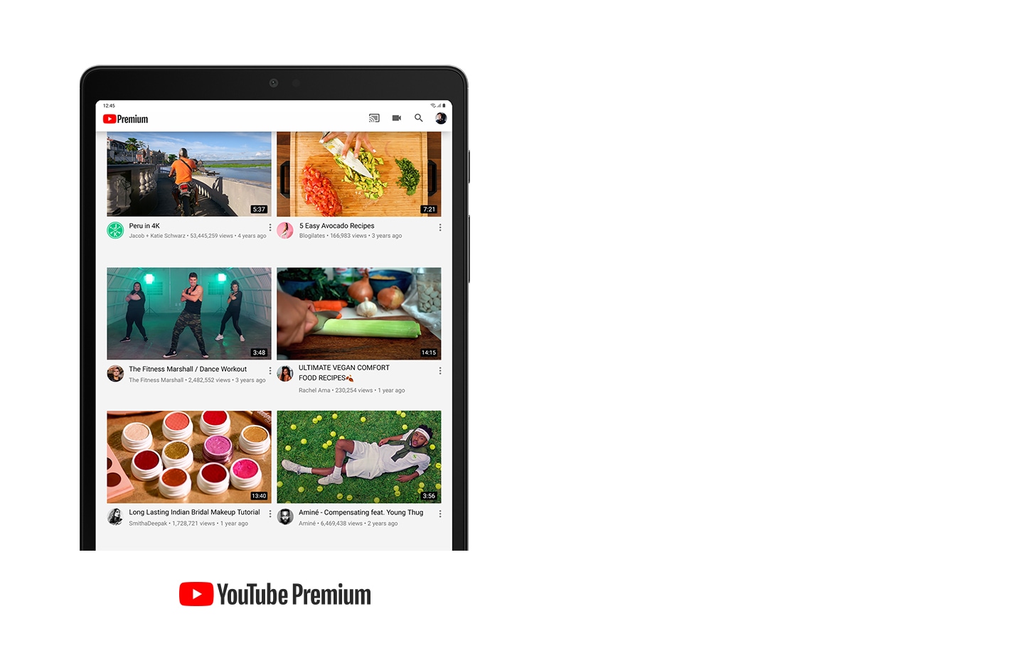 YouTube is displayed on Galaxy Tab A7 Lite showing an assortment of YouTube Premium videos. YouTube Premium logo is displayed.