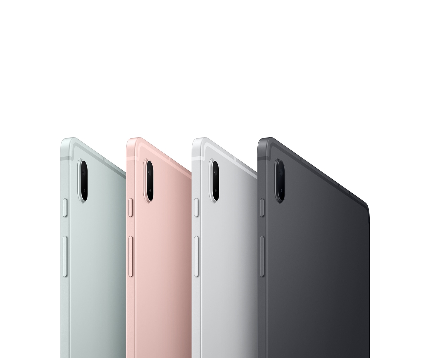 Four Galaxy Tab S7 FE 5G tablets, all seen from the rear at an angle to show the colors: Mystic Green, Mystic Pink, Mystic Silver and Mystic Black.