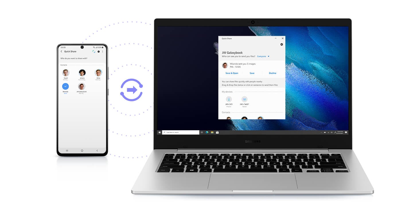 Das Galaxy Book Go wird neben einem Mobiltelefon platziert, wobei die Geräte Kontaktinformationen in Echtzeit austauschen. Dazwischen befindet sich ein Symbol, das einen Pfeil zeigt, der von einem Gerät zum anderen führt, was zeigt, dass Dateien schnell geteilt werden können.