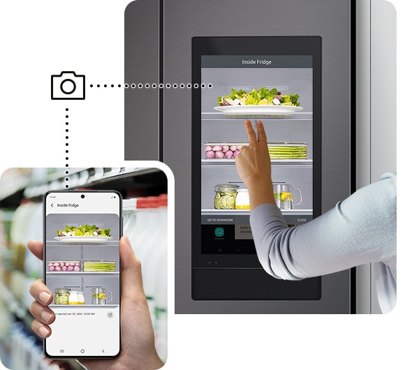 Dotted lines connect a mobile phone and a Family Hub. Both devices display the same food items that are inside the fridge.