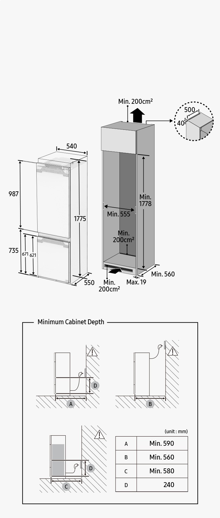 Samsung BRB26605DWW/EF Einbaukühlschrank mit gefrierfach cm. 54 std. 177 -  lt. 264