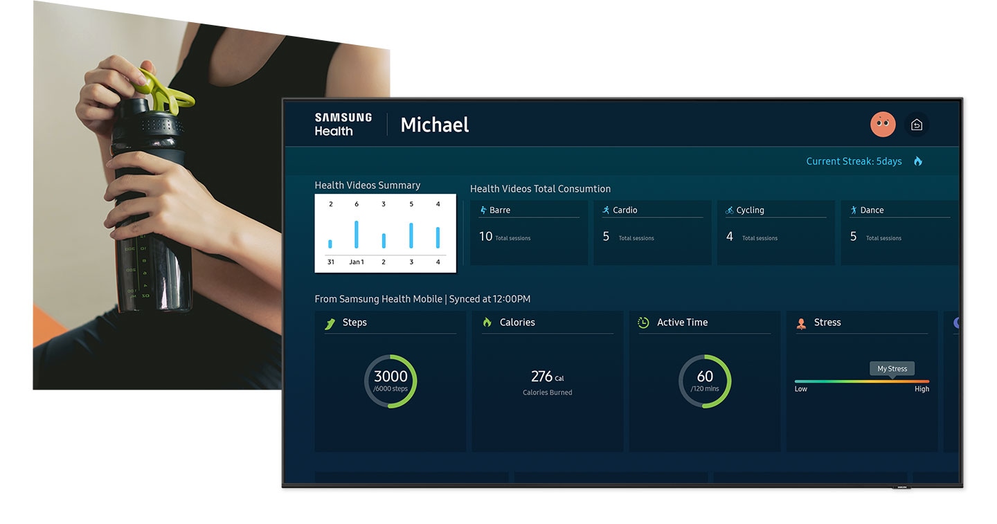 Samsung health dashboard on Neo QLED shows mobile synced health data and user home fitness progress in one place.