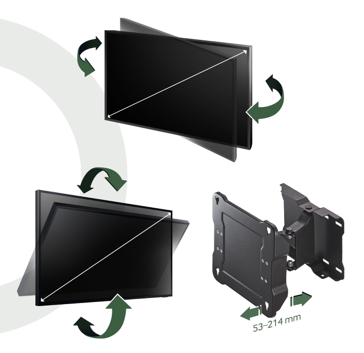 The Terrace TV wall mount can be tilted side-to-side, up-and-down, and pushed in and out from 53 to 214mm.