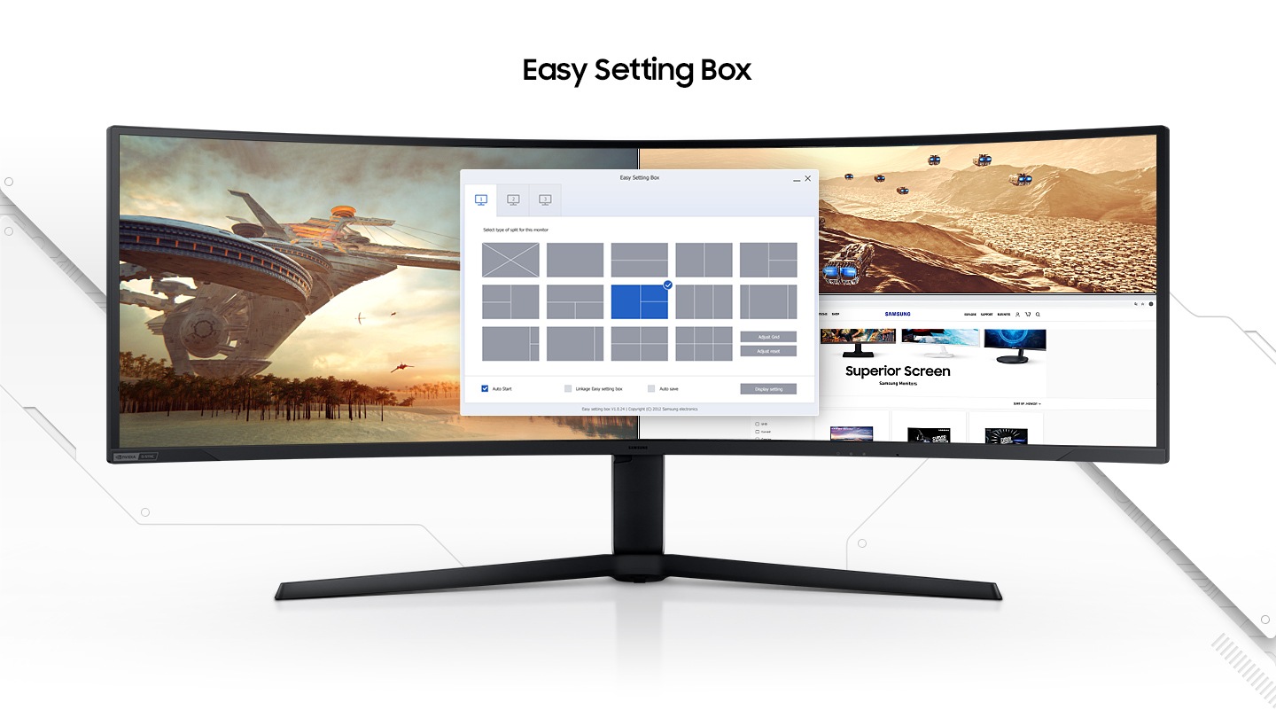A monitor is shown with its screen split into three sections. Overlaid on top of the sections is a menu with various screen space allocation options. The current selection shows a large ship, a smaller ship on a desert planet and a web page. Above the screen displays the words †Easy Setting Box'.