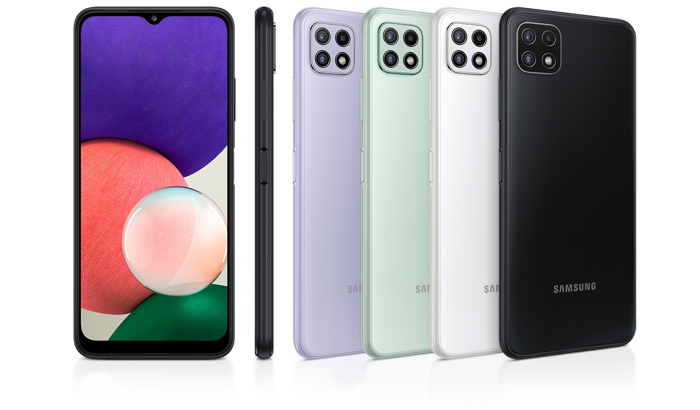 There is a glossy back view of 4 smartphones in gray, white, mint, and violet, along with a profile and front view highlighting the premium gloss finish.