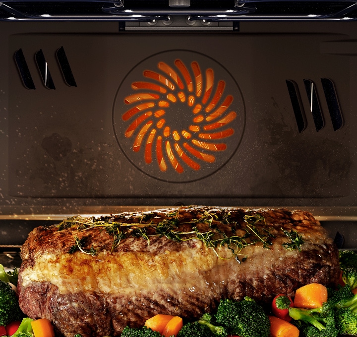 Shows the inside of the oven with a Catalytic Liner, which absorbs the grease splashes as a joint of meat is roasted.