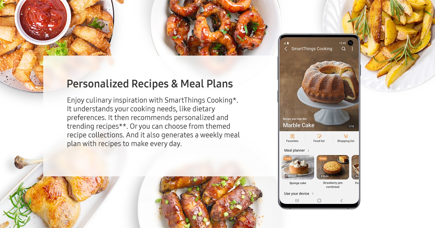 Shows a recipe on a smartphone, with options to view your favorites, food list or shopping list, as well as a weekly meal planner.