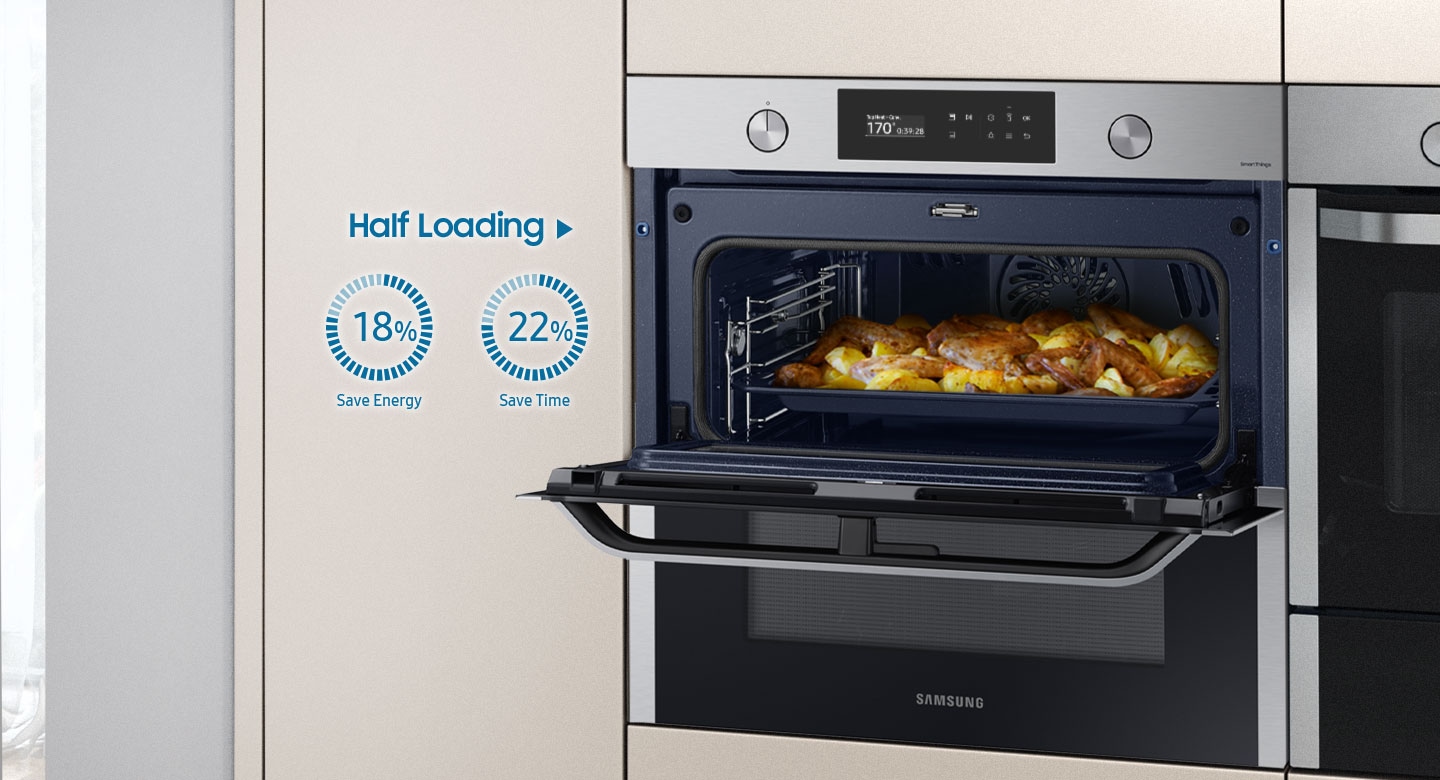 Shows the top half of the oven's hinged door open with food cooking in the upper zone, which saves 18% energy and 22% time.