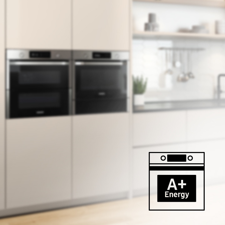 Shows the oven in the kitchen with an icon highlighting its A+ energy efficiency rating.