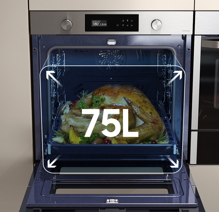 Shows a large turkey cooking inside the spacious oven with arrows illustrating its 75 liter capacity.
