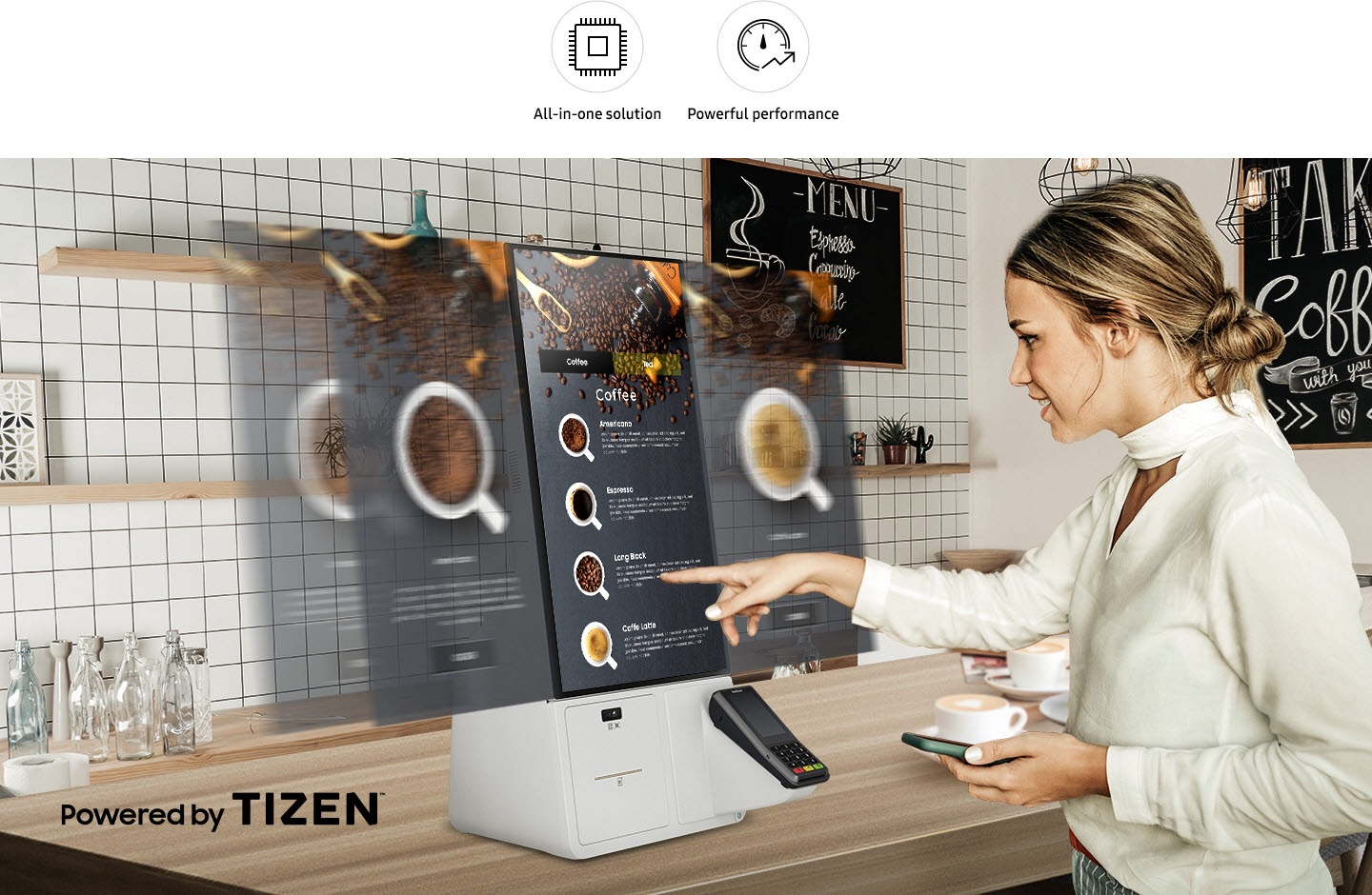 A customer using a Samsung Kiosk device scrolls through displays that move to the side, with a Powered by Tizen logo below.
