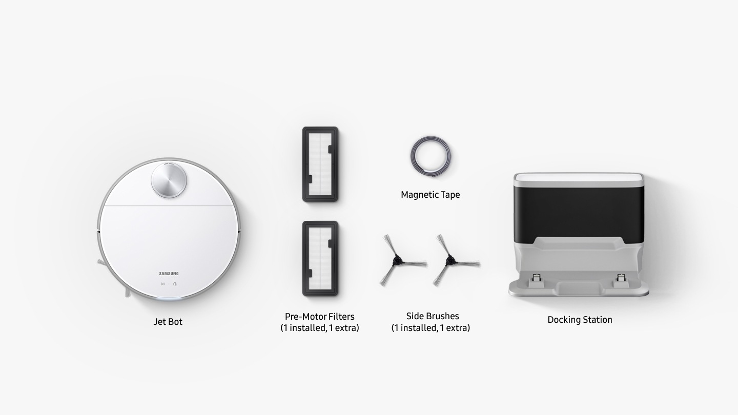 JetBot 80 comes with the essentials, including two Filters, two Side Brushes, a Magnetic Tape and a Docking Station—all inside the box. Filters and Side Brushes are one installed and the other one extra.