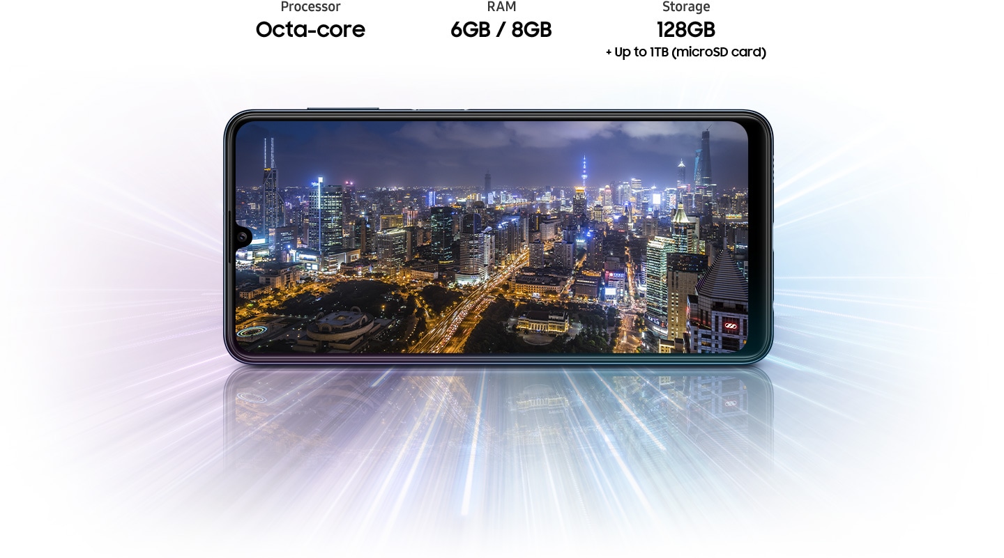 Galaxy M32 shows night city view, indicating device offers Octa-core processor, 6GB/8GB RAM, 128GB with up to 1TB-storage.