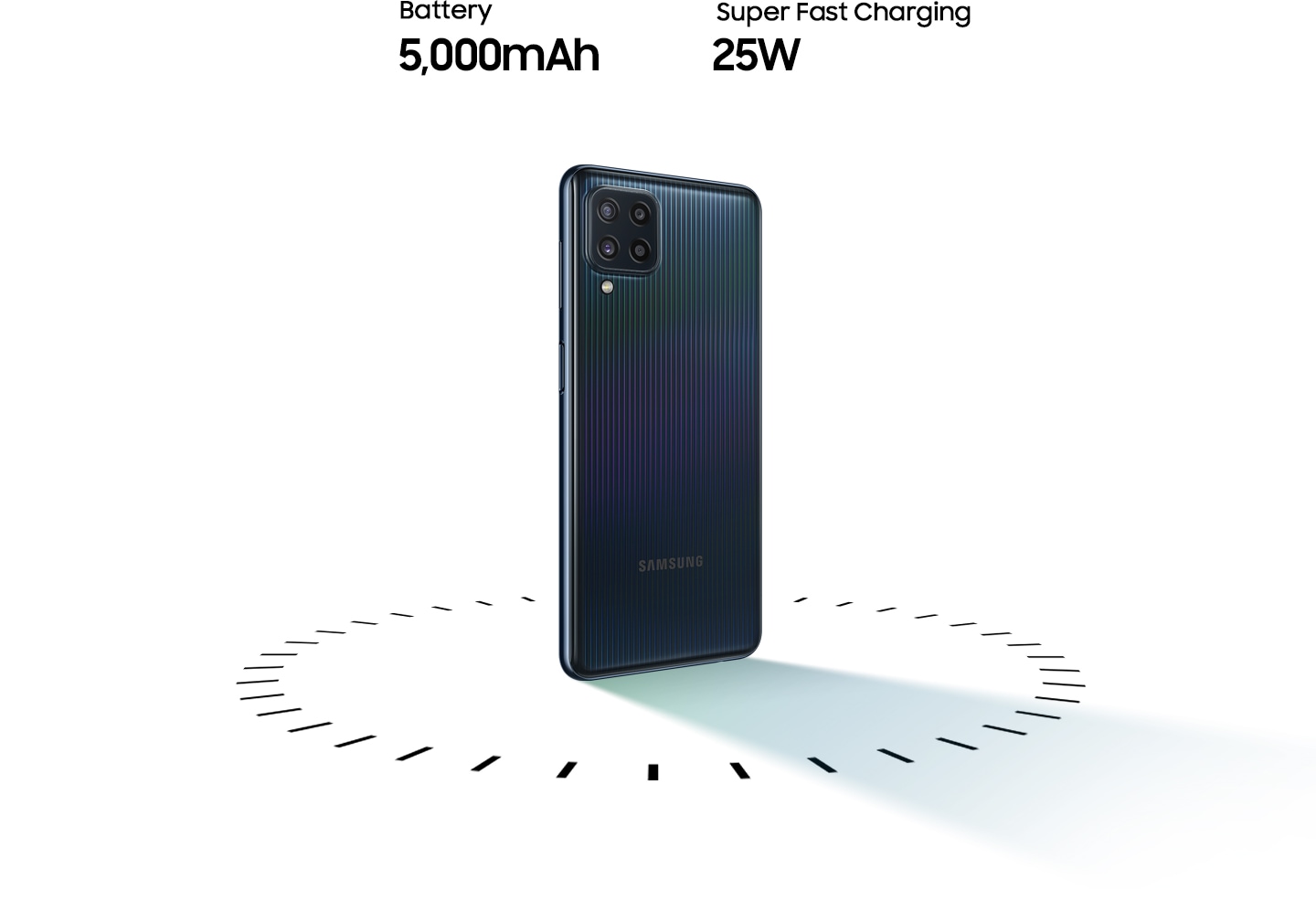Galaxy M32 standing up, surrounded by circular dots on the bottom, with the text of 5,000mAh battery and 25W-Super Fast Charging on top.