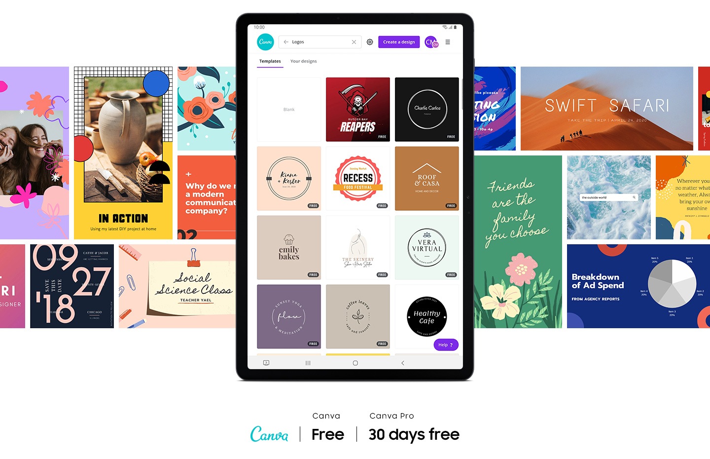 Galaxy Tab S7 FE seen from the front with the Canva app onscreen showing 12 logo template examples. Other options for templates are on either side of the tablet to show the range of things you can create in Canva. Canva logo.Text says Canva Free, Canva Pro 30 days free