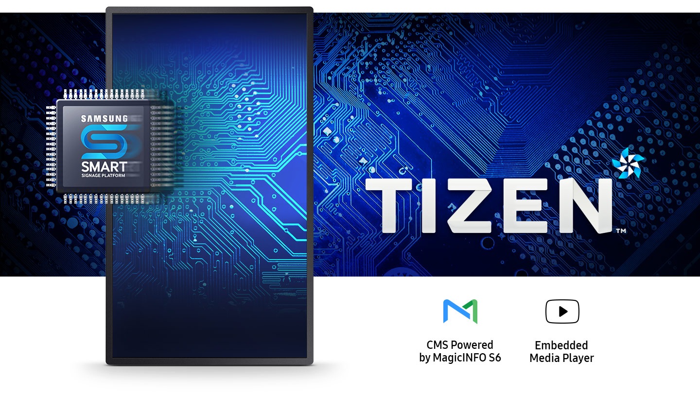 The Tizen logo is displayed on the OHN-D screen. MagicINFO and Embedded media player icons are also shown.