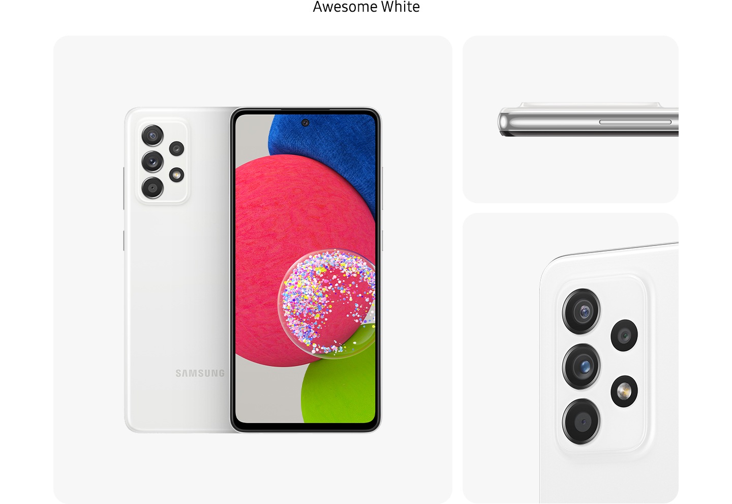3. WhiteGalaxy A52s 5G in Awesome White, seen from multiple angles to show the design: rear, front, side and close-up on the rear camera.