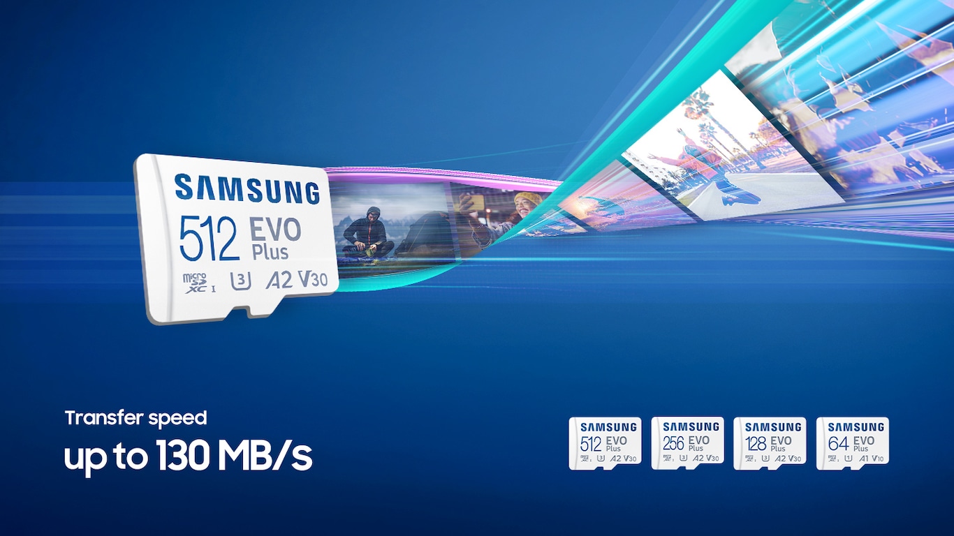 microSD gledan pod dinamičkim kutom, s prugama plave svjetlosti koje predstavljaju njegovu veliku brzinu.  Sekvencijalna brzina do 130MB/s.