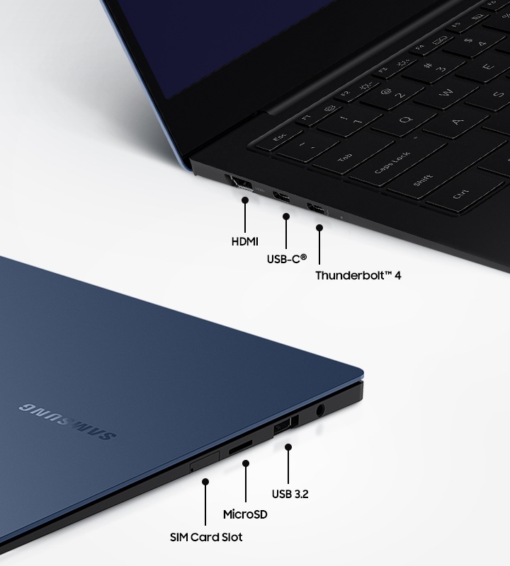 Galaxy Book Pro được trang bị một số cổng khác nhau, bao gồm khay SIM, khe cắm thẻ nhớ microSD, cổng USB 3.2, HDMI, USB Type-C và Thunderbolt ™ 4 cung cấp mức độ linh hoạt và thuận tiện cao