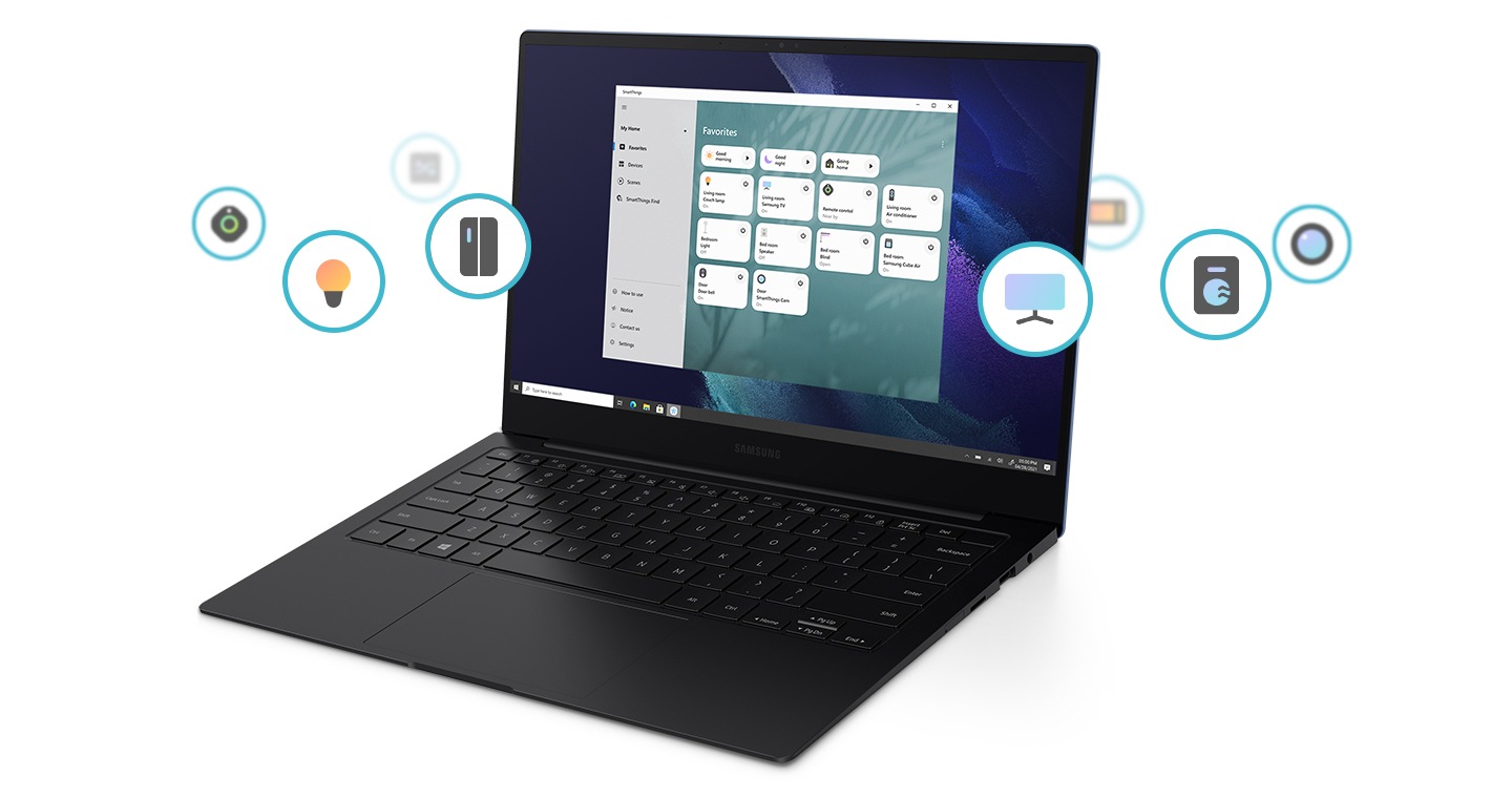 Galaxy Book Pro được bao quanh bởi một số biểu tượng hiển thị các thiết bị IoT khác nhau như ánh sáng, tủ lạnh, TV và máy giặt. Hiển thị trên màn hình là bộ điều khiển IoT của hệ thống SmartThings