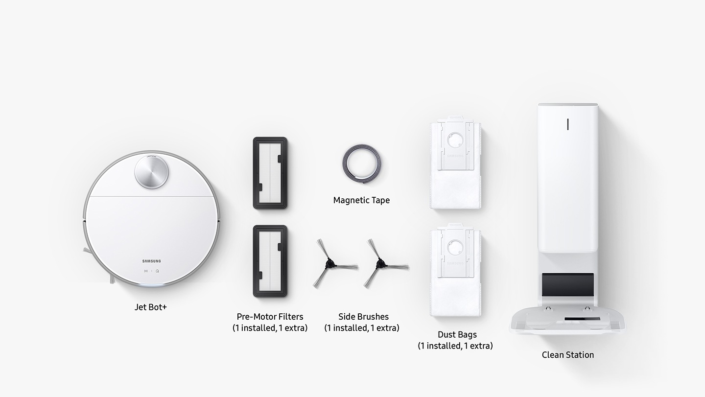 JetBot 80+ comes with the essentials, including two Filters, two Dust Bags, two Side Brushes, a Magnetic Tape and a Clean Station—all inside the box. Pre-Motor Filters, Dust Bags and Side Brushes are one installed and the other one extra.
