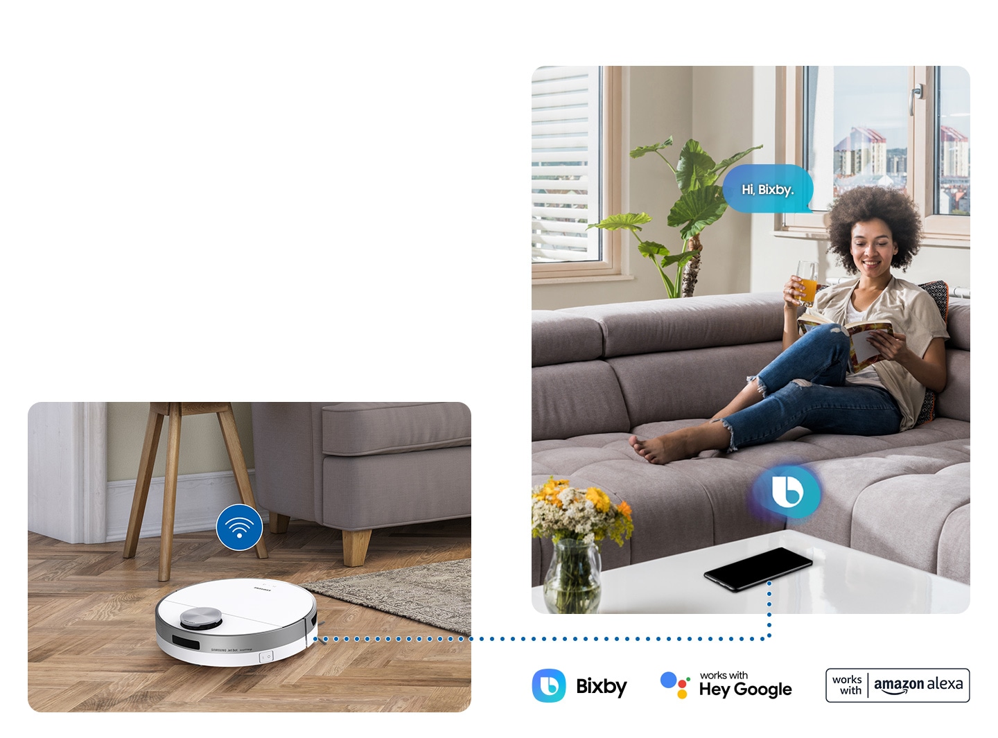 With Bixby’s voice recognition, a user tells Jet Bot to clean, and can even ask for information or check on the family pet.